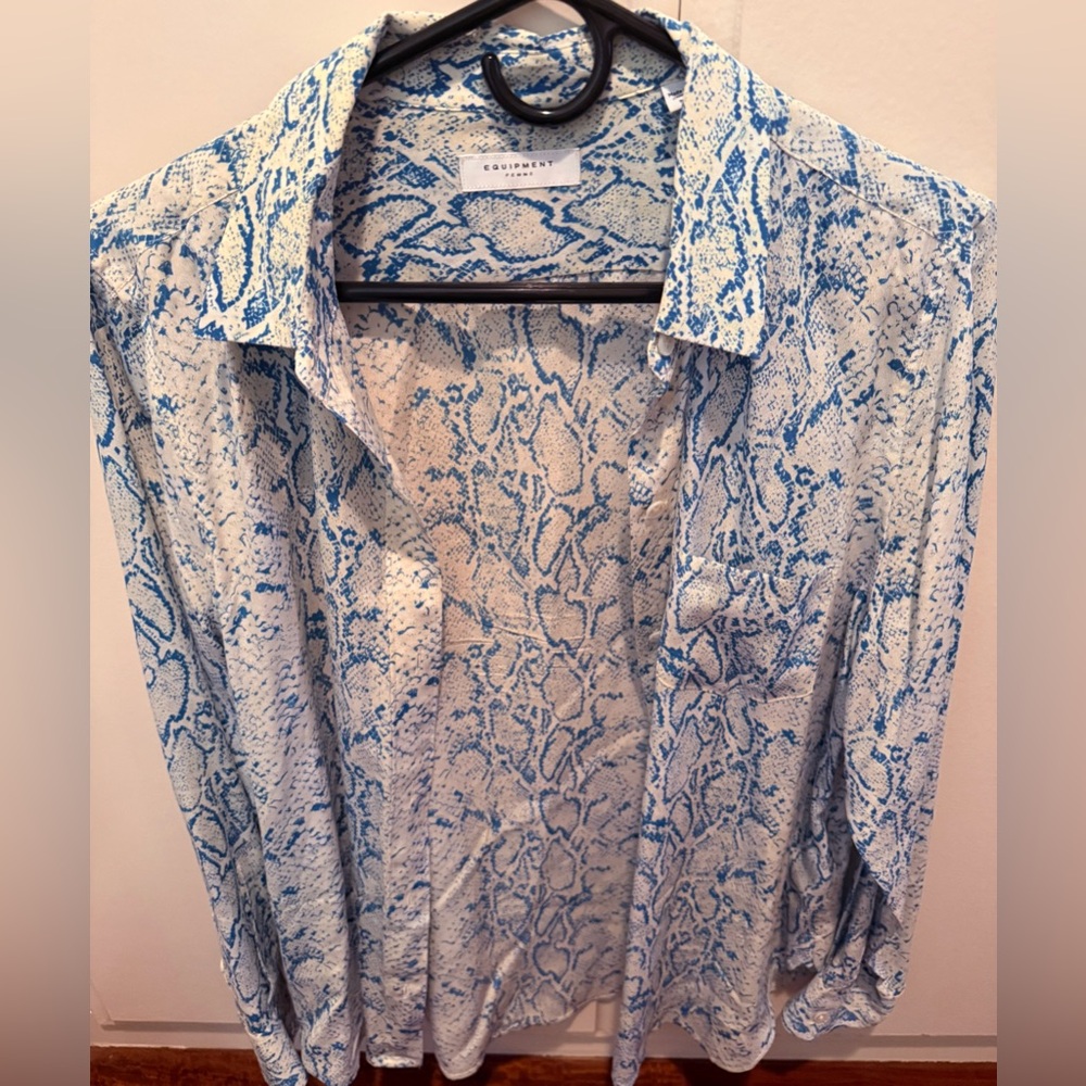 Equipment Blue and White Silk Snakeskin Print Shirt